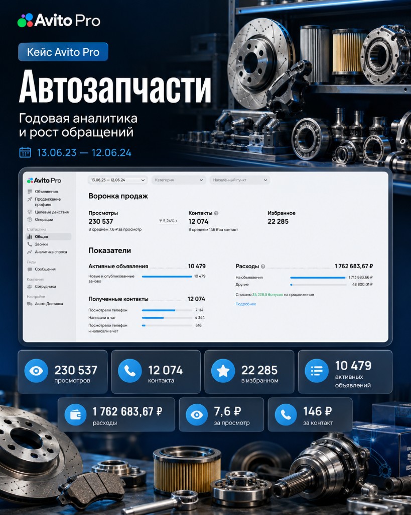 Кейс Avito Pro: автозапчасти — сводка просмотров, контактов и расходов